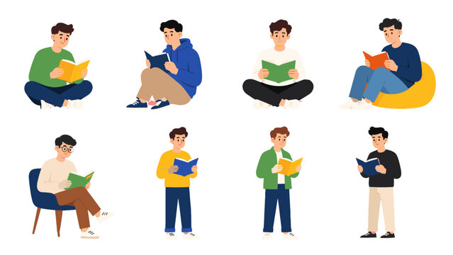 Set of young men reading books in different poses