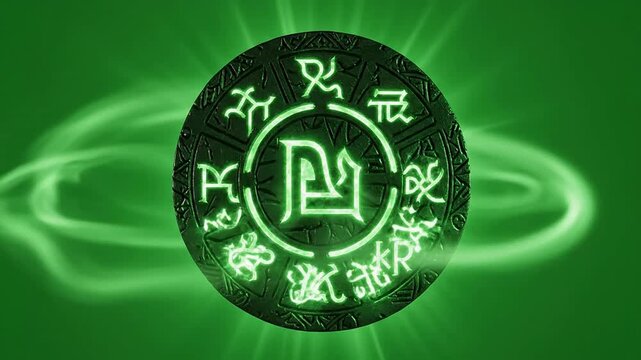 Glowing Green Circular Symbol with Mystical Hieroglyphs and Astrological Signs on Ethereal Green Background for Fantasy Designs