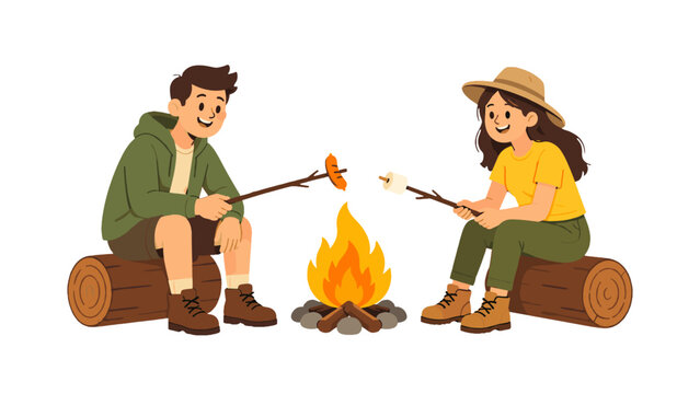 Children roasting food over a campfire in a flat vector style