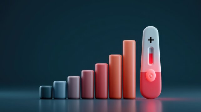 A 3D bar chart increasing in height transforms into a digital thermometer, symbolizing rising temperature or health data visualization.