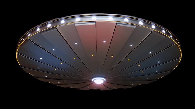 Futuristic metallic flying saucer with glowing lights hovering in space