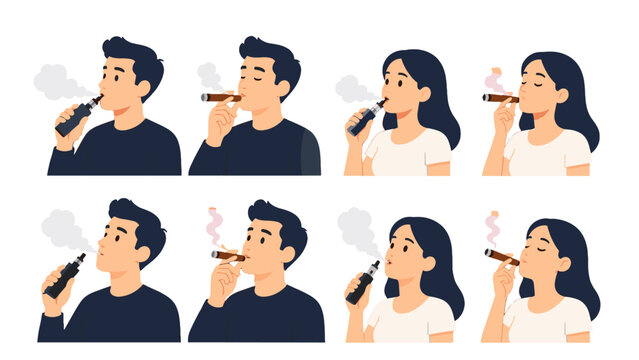 Set of men and women smoking vape devices and cigars