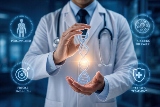 Personalized gene therapy doctor holding DNA helix hologram symbolizing tailored genetic treatment precise targeting of disease underlying cause oncology genetics medical innovation