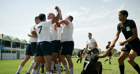 Fototapeta premium Celebration, fist pump and score with team of rugby players outdoor for match victory. Achievement, points and success with excited people cheering or shouting for competition and tournament