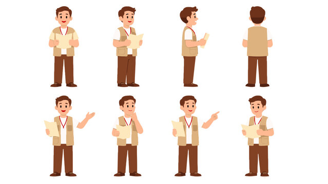 Cartoon male explorer character set with map in multiple poses