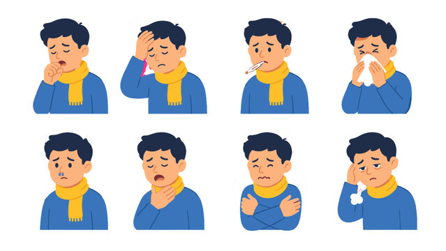 Set of man with common cold and flu symptom illustrations