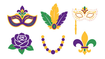 Mardi Gras mask feathers rose beads and fleur de lis icons © Alan