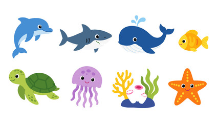Cute ocean animals and coral cartoon vector set © Alan