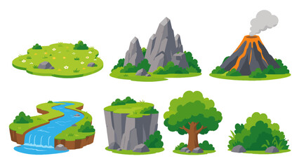 Obraz premium Cartoon landscape elements with mountain volcano river and trees