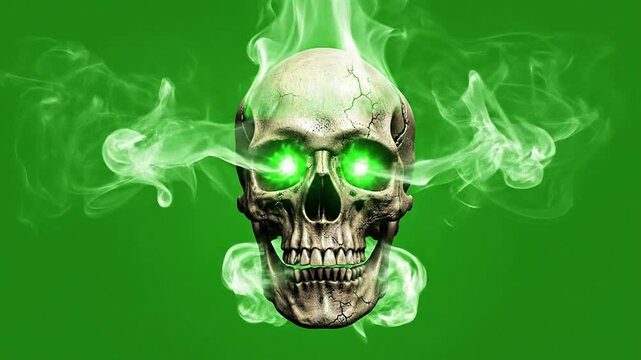 Glowing Skull With Green Eyes Surrounded By Ethereal Smoke On Solid Green Background, Perfect For Halloween And Horror Themes