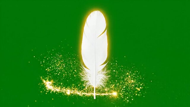 Glowing White Feather Surrounded By Shimmering Particles on Vibrant Green Background - Magical Nature Effects for Animation and Design