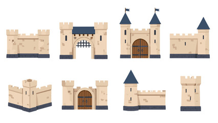 Set of medieval castle walls gates and towers vector icons © Alan