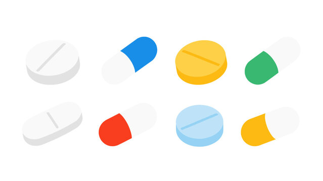 Isometric vector set of assorted pills and tablets