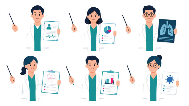 Set of doctors holding medical charts and xray illustration