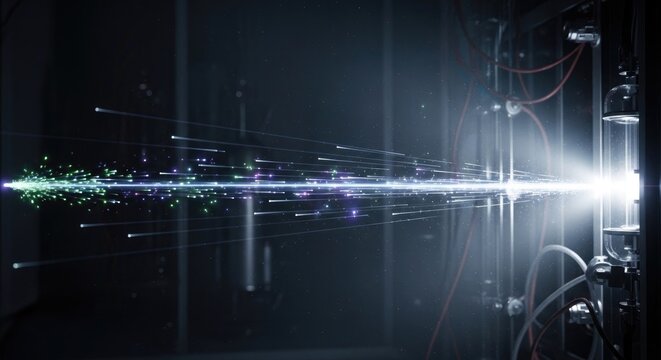 Radiation beam emitting energetic particle from a laboratory instrument, flowing through a dark experimental chamber, illustrating advanced scientific research, quantum theory.