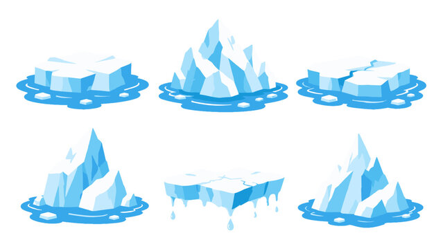 Set of floating icebergs and glacier pieces in blue vector style