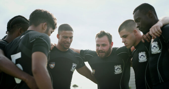 Rugby, team and huddle outdoor with fitness, training together and match strategy for competition. People, diversity and athlete in circle with support, game plan or collaboration for sports practice