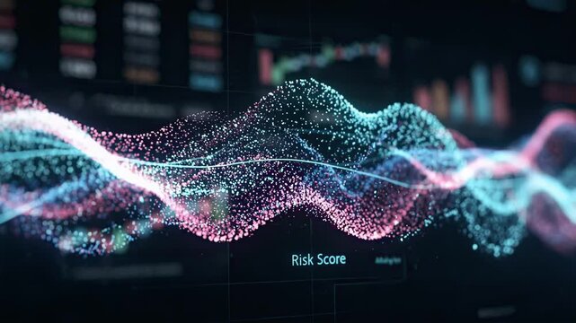 Focused view of crossasset anomaly detection on hightech AI market monitoring screen showing dynamic risk score patterns against outoffocus charts.