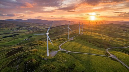Onshore Wind Turbines in Rolling Hills at Sunset for Renewable Energy