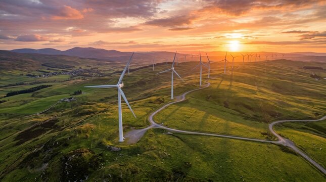 Onshore Wind Turbines in Rolling Hills at Sunset for Renewable Energy