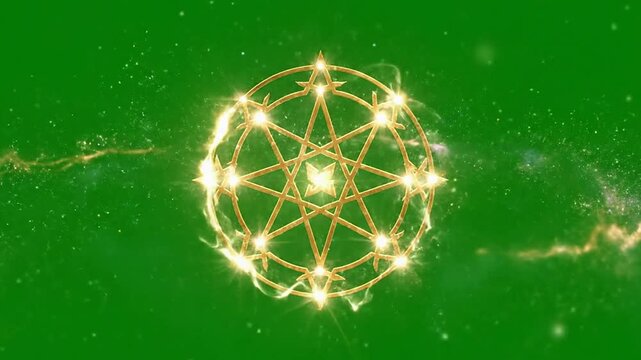 Golden Pentagram Symbol Surrounded By Sparkling Lights on A Vibrant Green Background For Motion Graphics And VFX Overlays