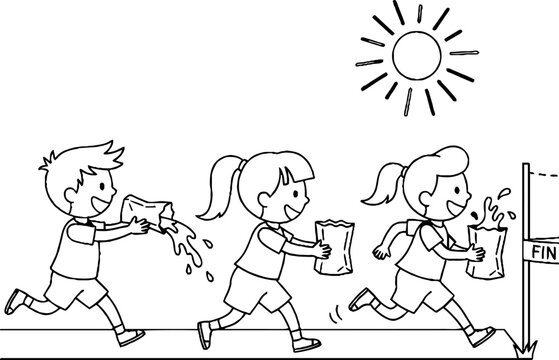 Children joyfully participating in summer fun run with cups.