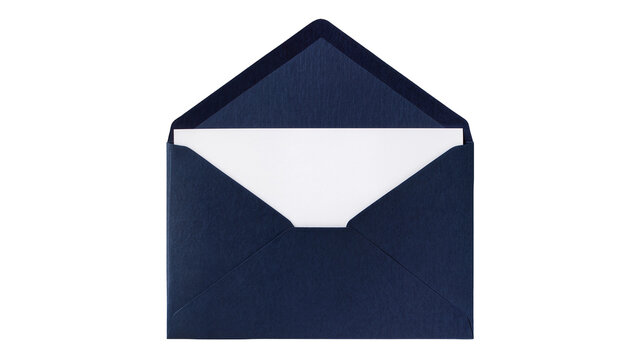 Open navy blue envelope with white paper insert