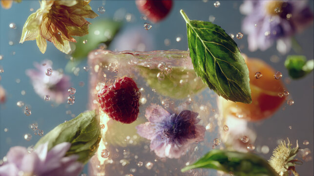 Fresh refreshing summer drink abstract splash with floating red raspberries, purple flowers, green mint leaves, and flying water droplets against a soft blue and orange background