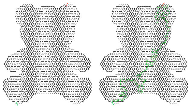 Children's vector maze in the shape of a bear on a transparent background with a solution  
