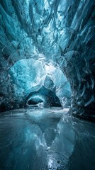 Exploring Mysterious Glowing Blue Ice Cave with Reflective Water Surface © Faruk