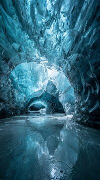 Exploring Mysterious Glowing Blue Ice Cave with Reflective Water Surface