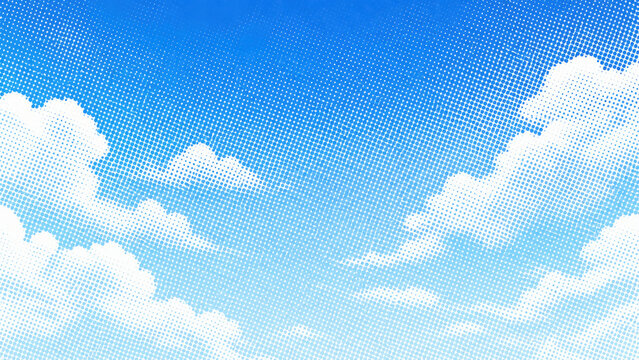 Color halftone texture of blue sky with clouds. Abstract cloud pattern vector dotted pixel texture background with copy space.