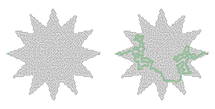 Children's vector maze shaped like the sun with the solution on a transparent background 