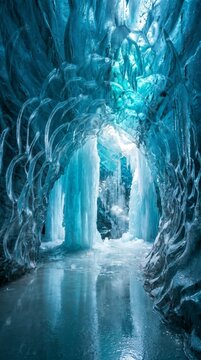 Exploring a Glowing Blue Ice Cave with Stunning Ice Formations and Light