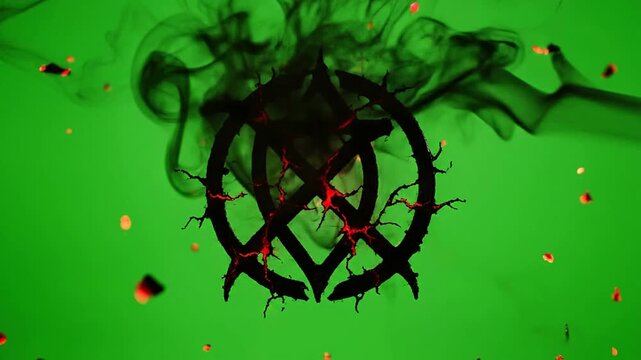 Iconic Logo Surrounded By Black Smoke On Vibrant Green Background Creating Engaging Visual Effects And Overlay Potential For Creative Projects