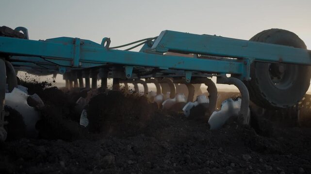 Agricultural industry: seeding tractor plowing, sowing grain wheat seeds and seedsman creates rows furrows for crops on dry farm cultivated land in sunset field. Spring plowed field with dark soil