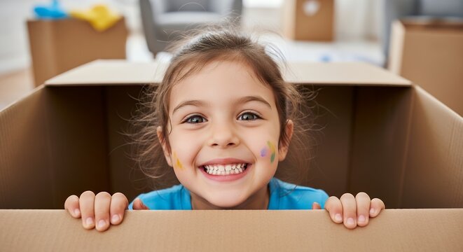 Happy child smiling while playing inside large empty cardboard box during moving day