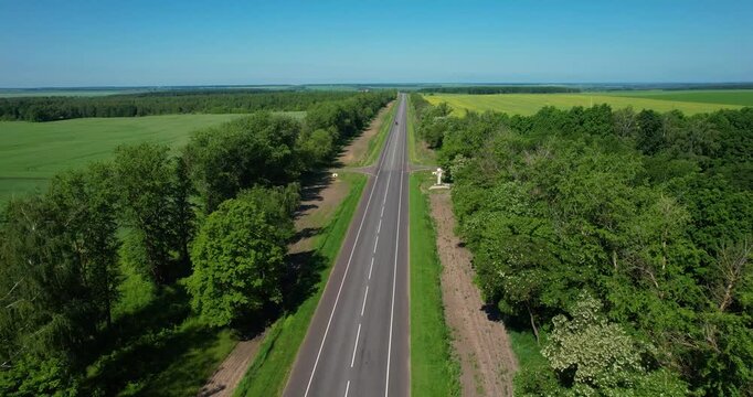 Cinematic aerial drone flight forward over lush blooming white acacia trees and a winding country road towards a distant city skyline in Russia