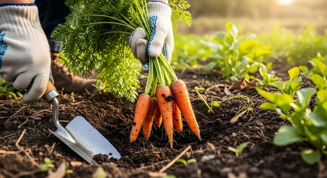 Farmer harvesting organic carrots from the field. Sustainable agriculture and food sourcing. Hands in gardening gloves pulling fresh root vegetables from the soil with a trowel