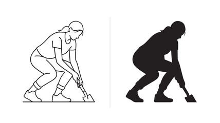 Fototapeta premium Gardening Silhouette Woman Shoveling Line Art Clipart