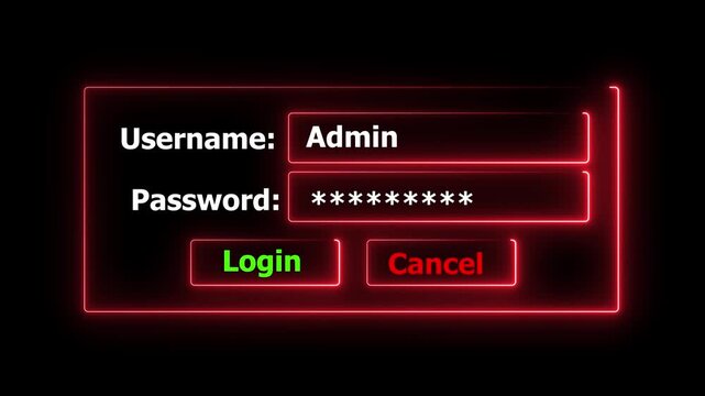 Neon Login Box - Username and Password in Internet Browser on Computer Screen. Neon Login Screen with Username and Password Field. Security password login. digital identity security technology concept