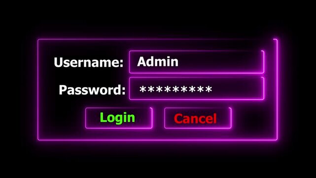 Neon Login Box - Username and Password in Internet Browser on Computer Screen. Neon Login Screen with Username and Password Field. Security password login. digital identity security technology concept