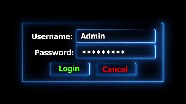 Neon Login Box - Username and Password in Internet Browser on Computer Screen. Neon Login Screen with Username and Password Field. Security password login. digital identity security technology concept