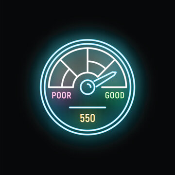 Neon credit score gauge displaying a good rating of 550 on a dark background