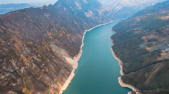 4K aerial time-lapse footage of river landforms at Wu Gorge, Three Gorges