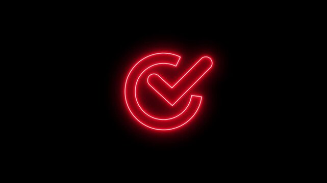 Animation of check mark icon background. Neon Tick mark icon seamless loop.Glowing neon line Tick mark or confirm icon animation.Minimal neon Check Mark icon on black background. 4k video