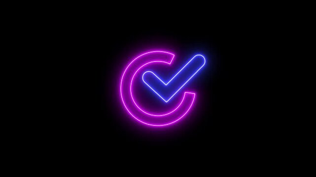 Animation of check mark icon background. Neon Tick mark icon seamless loop.Glowing neon line Tick mark or confirm icon animation.Minimal neon Check Mark icon on black background. 4k video
