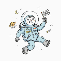 Happy boy astronaut floating in space holding hello space flag near saturn and moon. © Rimon