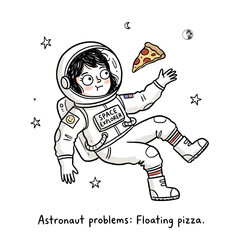 Girl astronaut trying to catch floating pizza slice in zero gravity environment. © Rimon