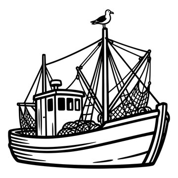 Fishing boat with bird silhouette, line art style